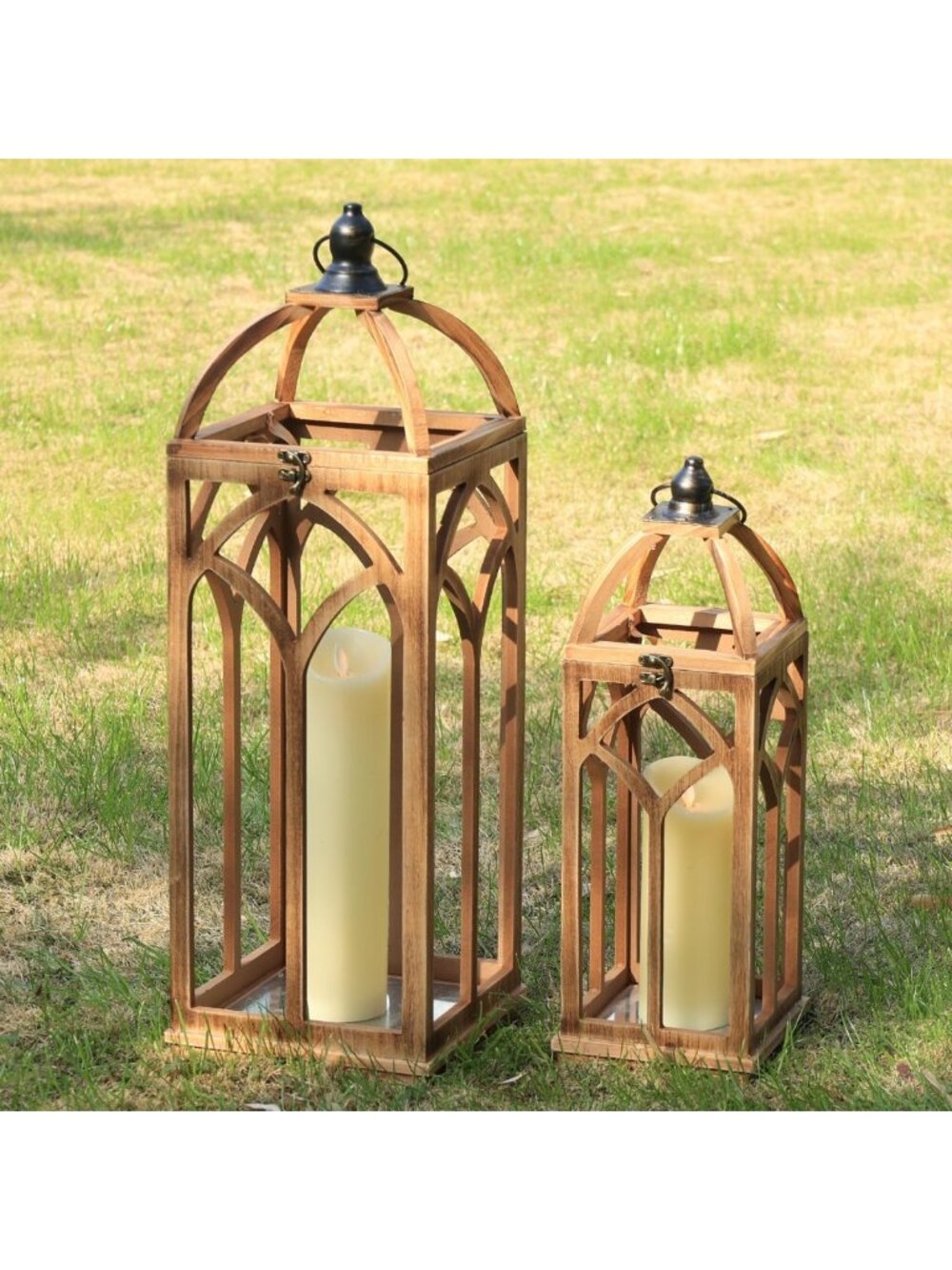 Rustic Wooden Lantern Set of 2 - Large Farmhouse Decor for Indoor & Outdoor Use